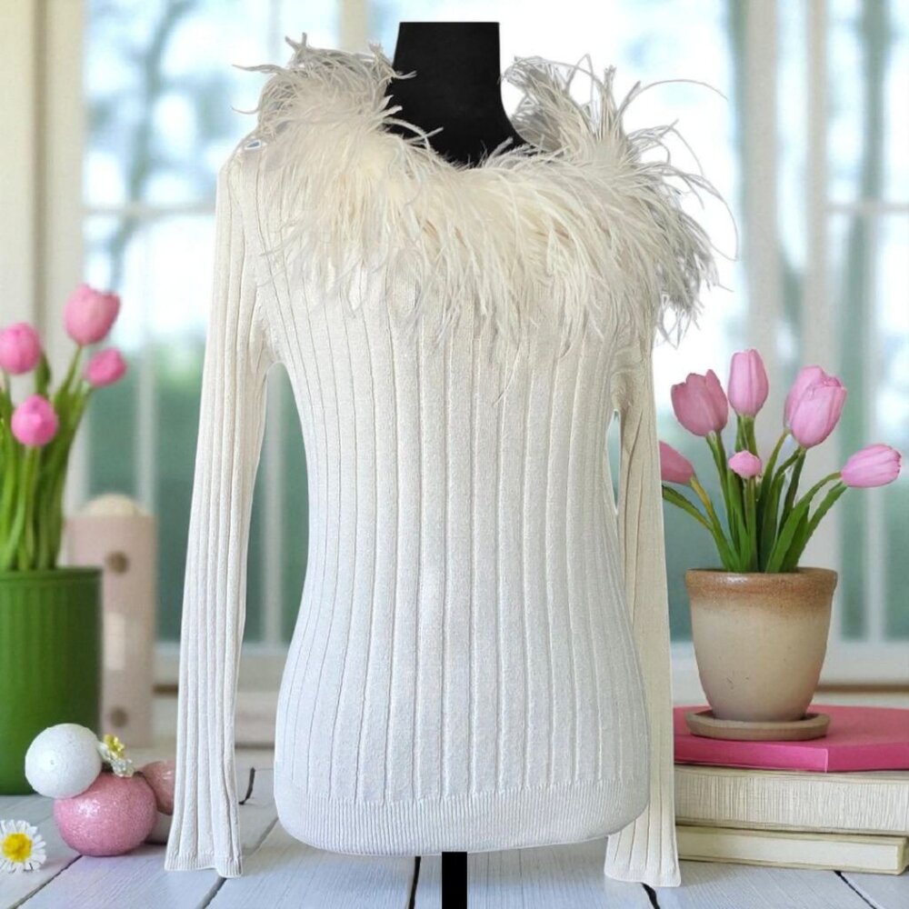 CHOICE Vintage ( LG ) Rich Feathered Detachable Metallic Weave Spun Silk Sweater